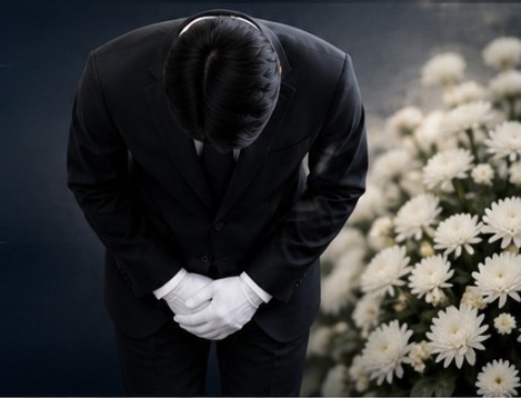 정중히 목례하는 장례 상담사와 흰 국화